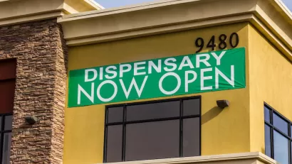 Green "Dispensary Now Open" banner on tan/orange building.