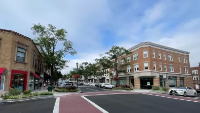 View of empty brick crosswalk in shopping district in Greenwich, Connecticut