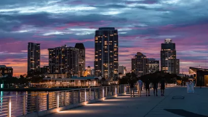 Nighttime view of St. Petersburg, Florida skyline.