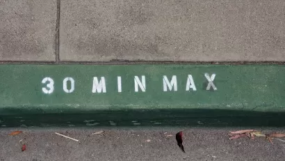 Close-up on green painted curb with '30 min max' in white. 