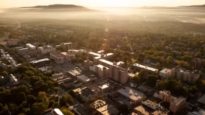 Aerial view of State College, Pennsylvania at golden hour.