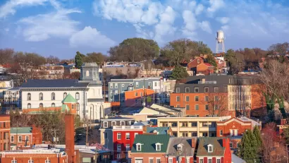 View of dense multicolored historic brick homes in Richmond, Virginia.