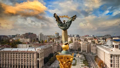 Drone view from Independence Monument in Kyiv, Ukraine.