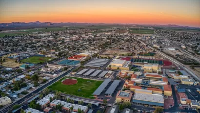 Aerial view of Buckeye, Arizona with sunset sky.