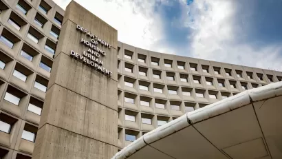 Department of Housing and Urban Development building in Washington, D.C. Concrete Brutalist high-rise.