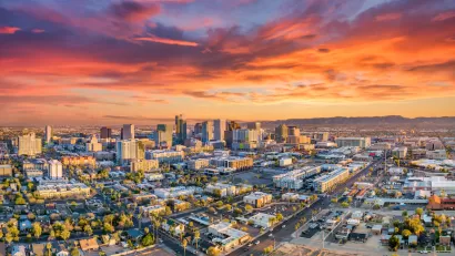Aerial view of downtown Phoenix, Arizona at sunset.
