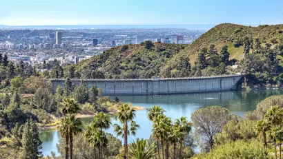View of Hollywood Reservoir with palm trees in foreground and Los Angeles neighobrhoods in background.
