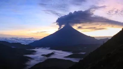 Aerial view of the Sangay volcano in Ecuador at sunrise or sunset.