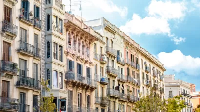 Facades of old apartment buildings in Barcelona, Spain.