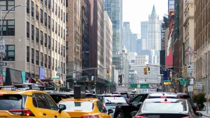 Yellow cabs and black sedansin traffic jam in New York City.