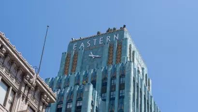Blue Art Deco 13-story tiled Eastern Building in downtown Los Angeles