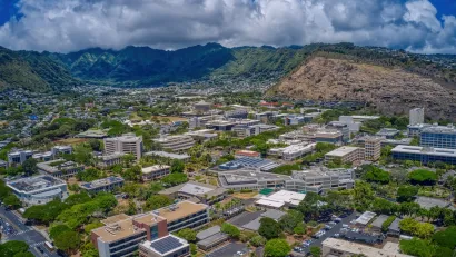 Aerial view of University of Hawaii campus in Honolulu, HI.