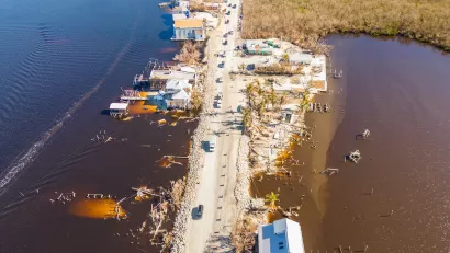 Aerial view of flooded homes in coastal area of Florida after Hurricane Ian.