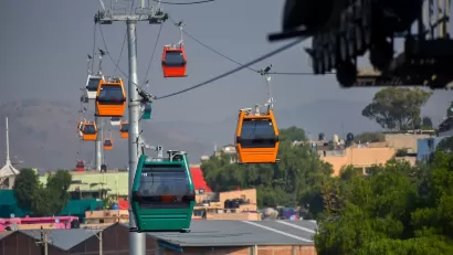 Multicolored modern aerial gondolas in Mexico City.