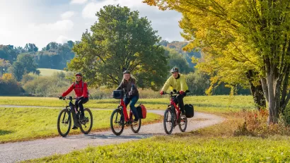 Three people riding e-bikes on park trail