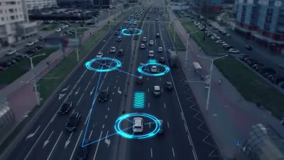 Image of cars driving on multi-lane road with graphics indicating the vehicles are communicating with each other.