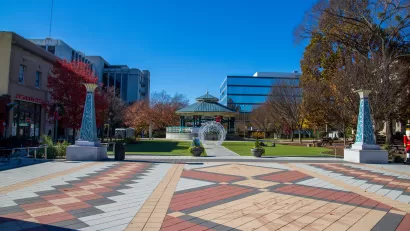 Empty Decatur Square plaza with fall trees in Decatur, Georgia