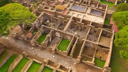 Aerial view of insula ruins in Ostia, near Rome, Italy.