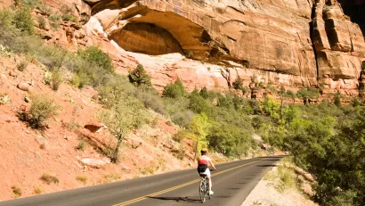 Person on bike wearing helmet biking on asphalt road with red cliffs in background in Zion National Park