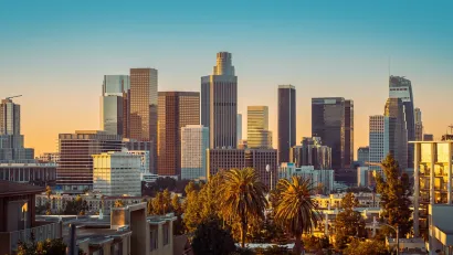 Downtown Los Angeles, California skyline at sunset.