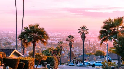 View of residential street in Los Angeles with palm trees and hazy city in distance.