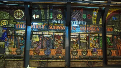 Mosaic window in Boston subway station celebrating America's first subway system.