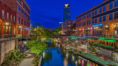Bricktown Canal in Oklahoma City at night.