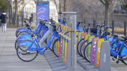Citi Bike bike share station on street in New York City.