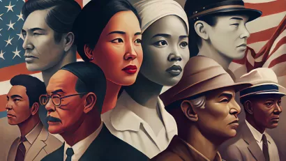 COnceptual banner featuring Asian Americans against an American flag backdrop