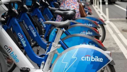 Close-up of Citi Bike electric shared bikes parked at a station