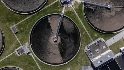 Bird-s eye view of circular retention tanks at water treatment plant
