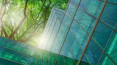 Glass building with green tree behind it.