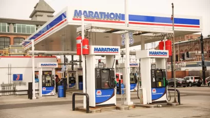 Marathon branded gas station with red, blue, and white color scheme in Providence, Rhode Islad.