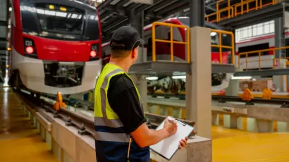 Worker in yellow safety vest holds clipboard and stands in front of parked red and white train in maintenance center building.