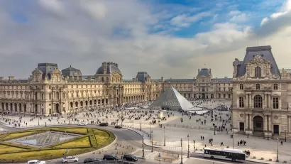 Aerial view of Louvre Museum complex in Paris, France.