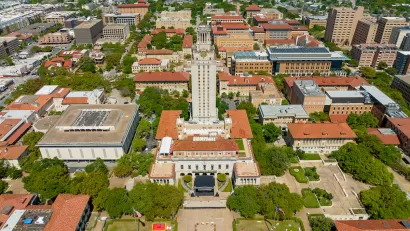 Aerial view of main tower and buildings at University of Texas, Austin.