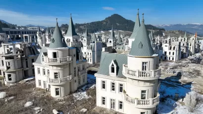 View of Burj al Babas, Turkey, abandoned development of French-style chateau homes.