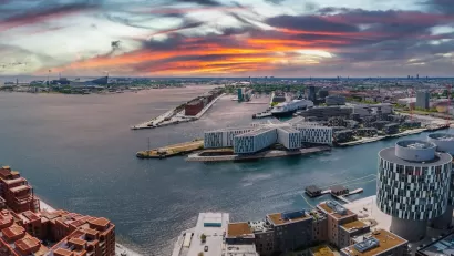 Aerial view of harbor with modern buildings in Copenhagen, Denmark.