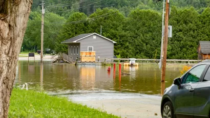 Flooded street in rural Vermont.