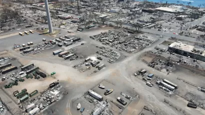 Aerial view of wildfire damage in Lahaina, Maui.