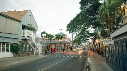 Street with two-story buildings in Lahaina, Maui, Hawaii.