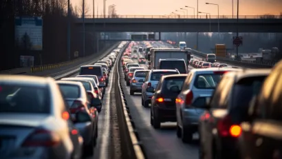Heavy traffic at standstill on freeway at dusk.