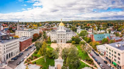 Aerial vew of New Hampshire state capitol with gold dome in Concord, New Hampshire.