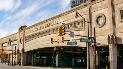 Facade of Newark Penn Station in Newark, New Jersey.
