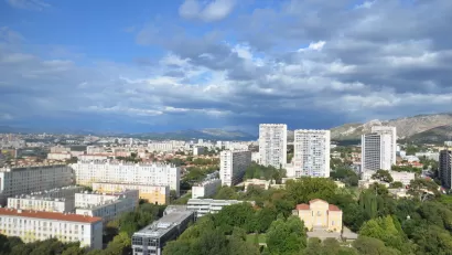 Aerial view of Le Corbusier-designed Cité Radieuse in Marseilles, France.