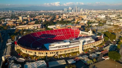 Aerial view of Los Angeles Memorial Coliseum stadium in Los Angeles, California.