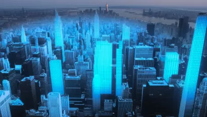 Aerial view of New York City architecture with augmented reality visualization, blue digital holograms over buildings and skyscrapers