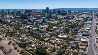Aerial view of downtown Phoenix, Arizona on a sunny day.