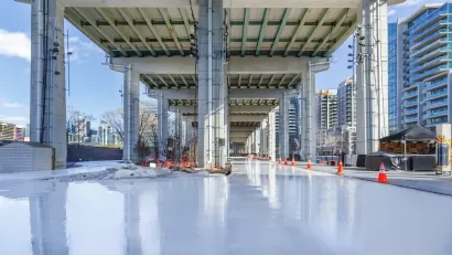 Skating rink under freeway in Bentway park in Toronto, Canada.