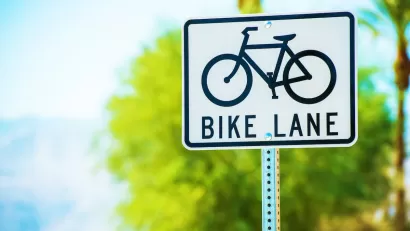 Close-up of white sign with black text; line drawing of bike and 'BIKE LANE'